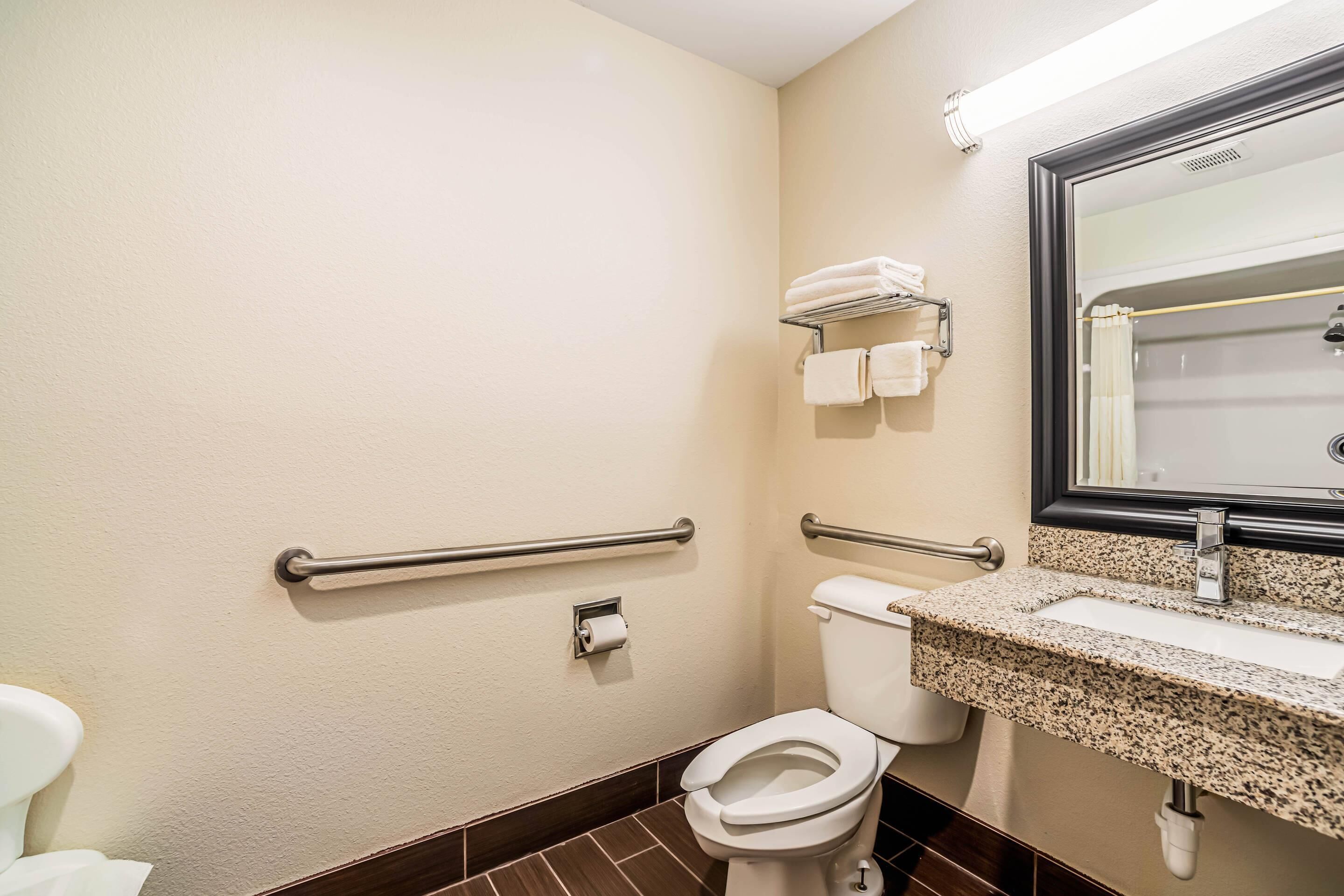 A bathroom with a toilet, a sink with a granite countertop, a mirror, and a handrail.