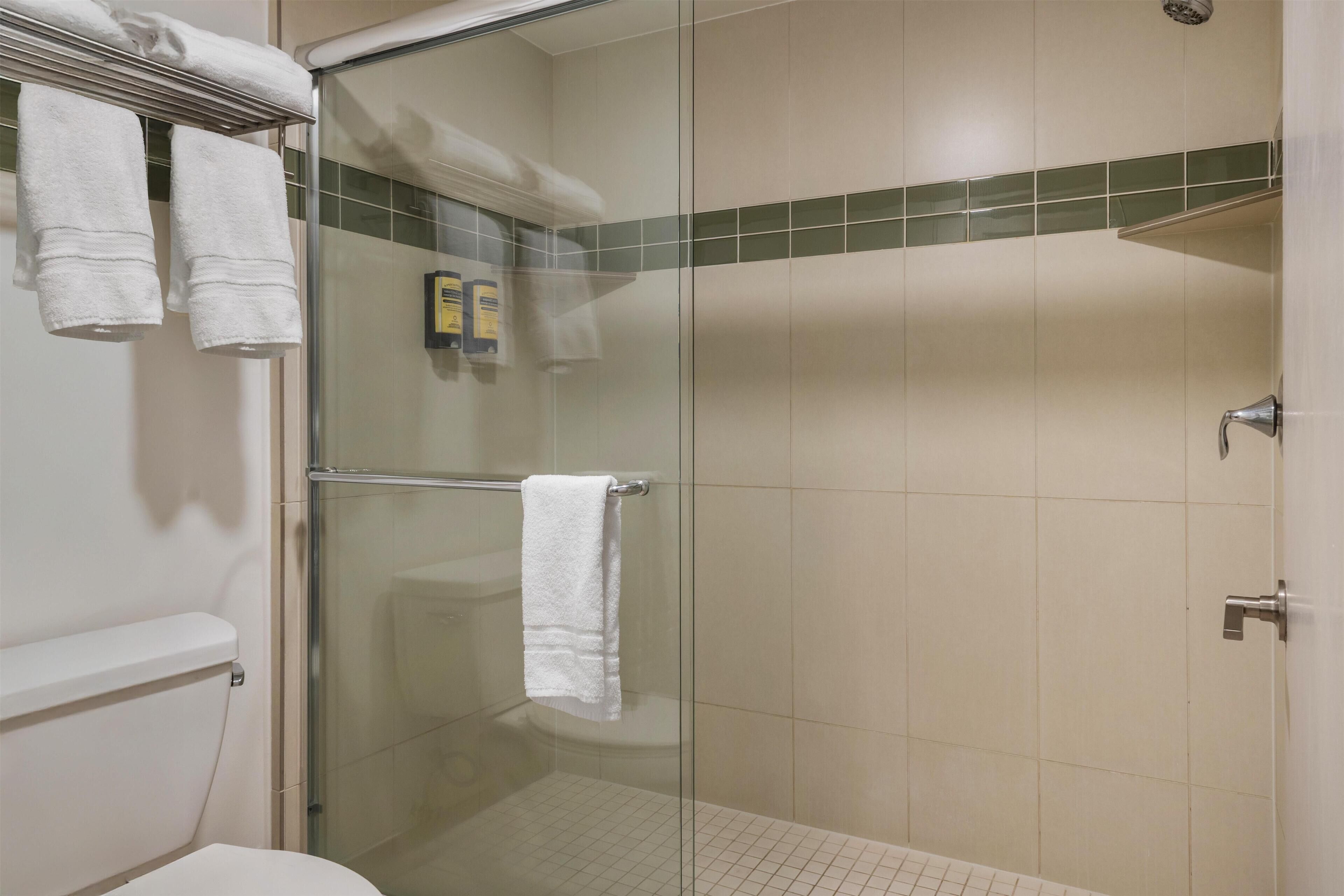 A bathroom with a glass shower enclosure, a toilet, and a towel rack with two towels.