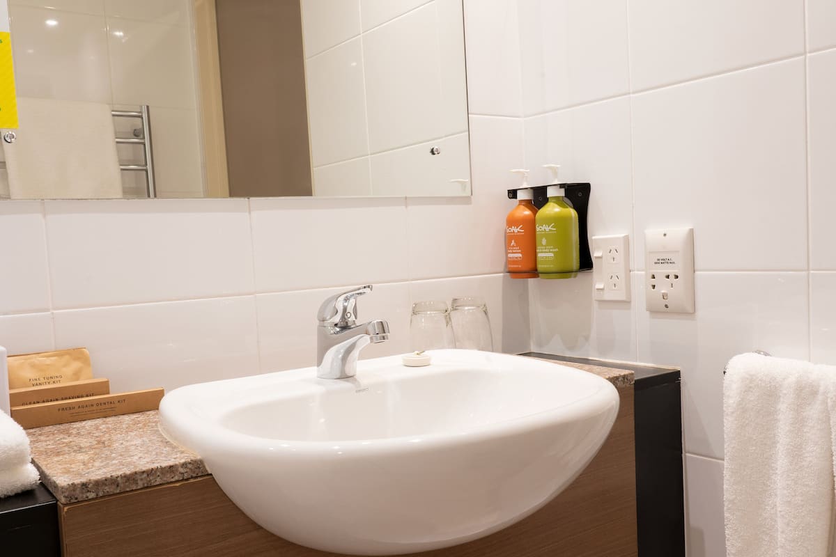 combined shower/bathtub, free toiletries, hair dryer, towels