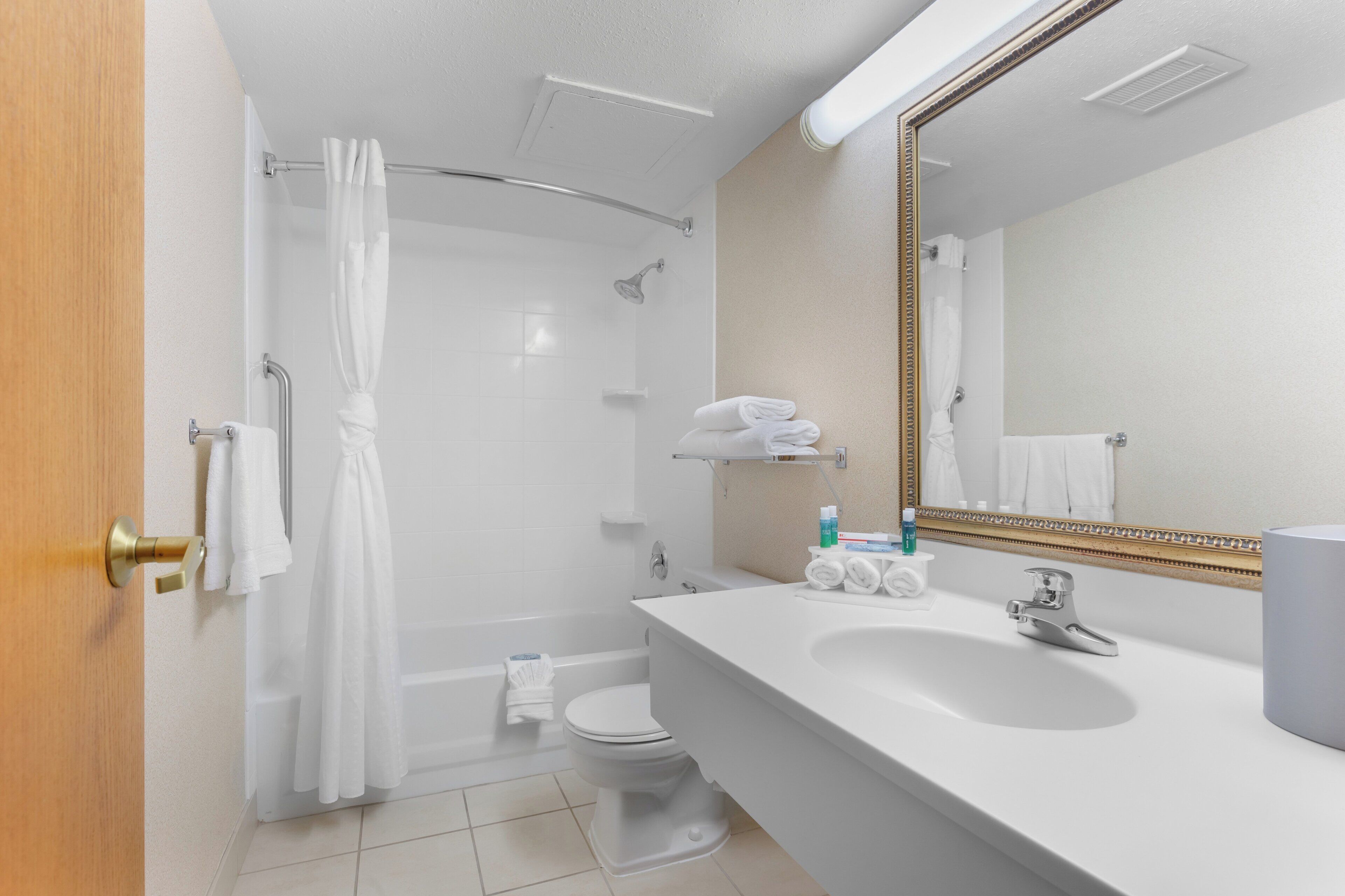 A modern bathroom with a shower, toilet, and sink.