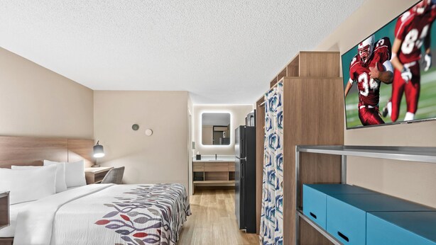 A hotel room with a bed, bedside table, lamp, TV, wardrobe, and a mirror. - Red Roof Inn Perryville (Perryville)