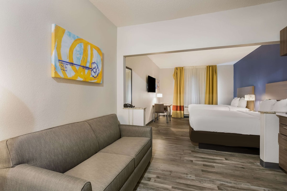 Una camera d'albergo con divano, letto, scrivania e televisione.