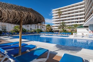 Indoor pool, outdoor pool, pool umbrellas, sun loungers
