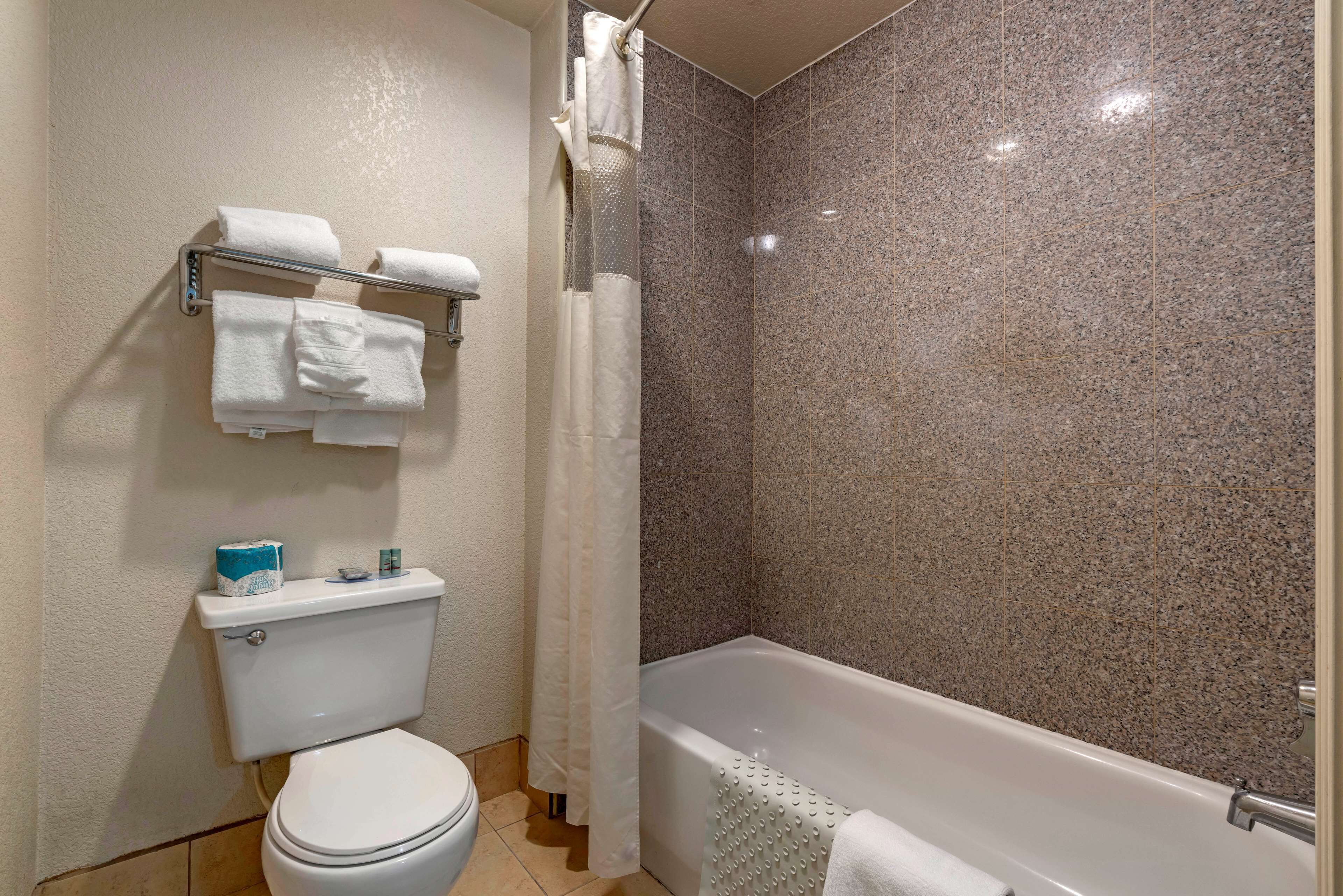 Un baño con inodoro, bañera y cortina de ducha.