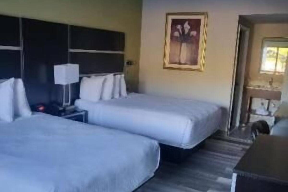 A hotel room with two beds, a nightstand, a lamp, and a painting on the wall.