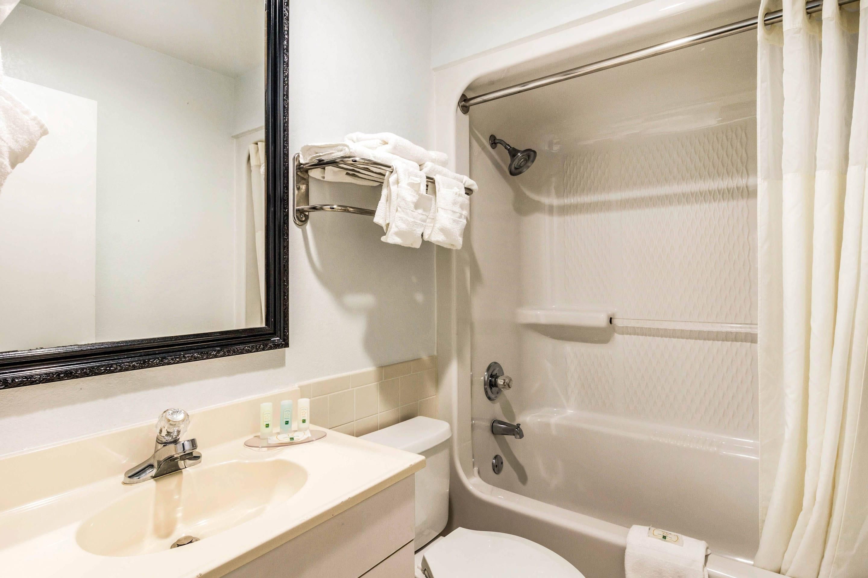 A bathroom with a sink, mirror, and a bathtub with a shower curtain.