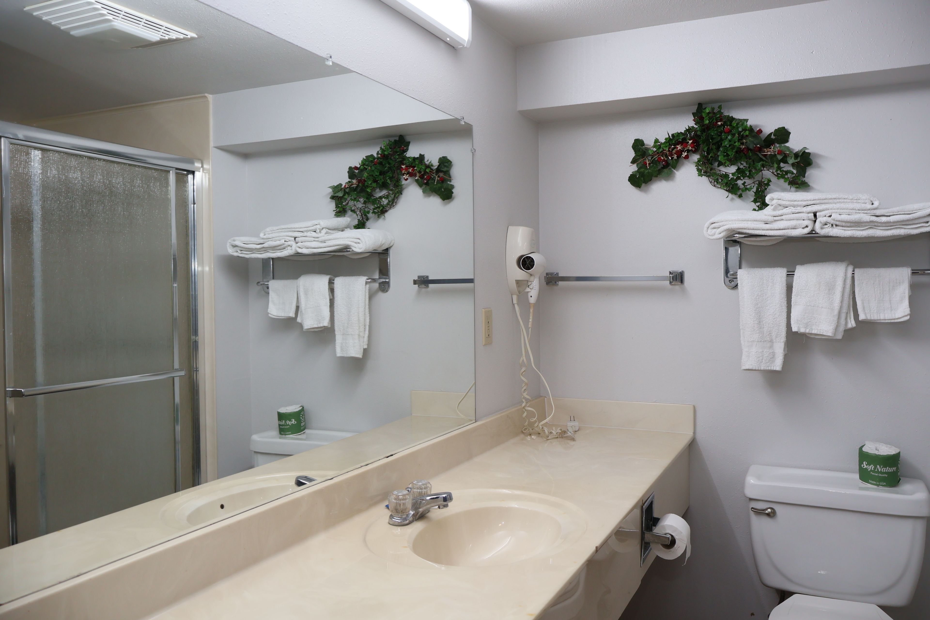 Une salle de bain équipée d’un lavabo, d’un miroir, d’un porte-serviettes et de toilettes.