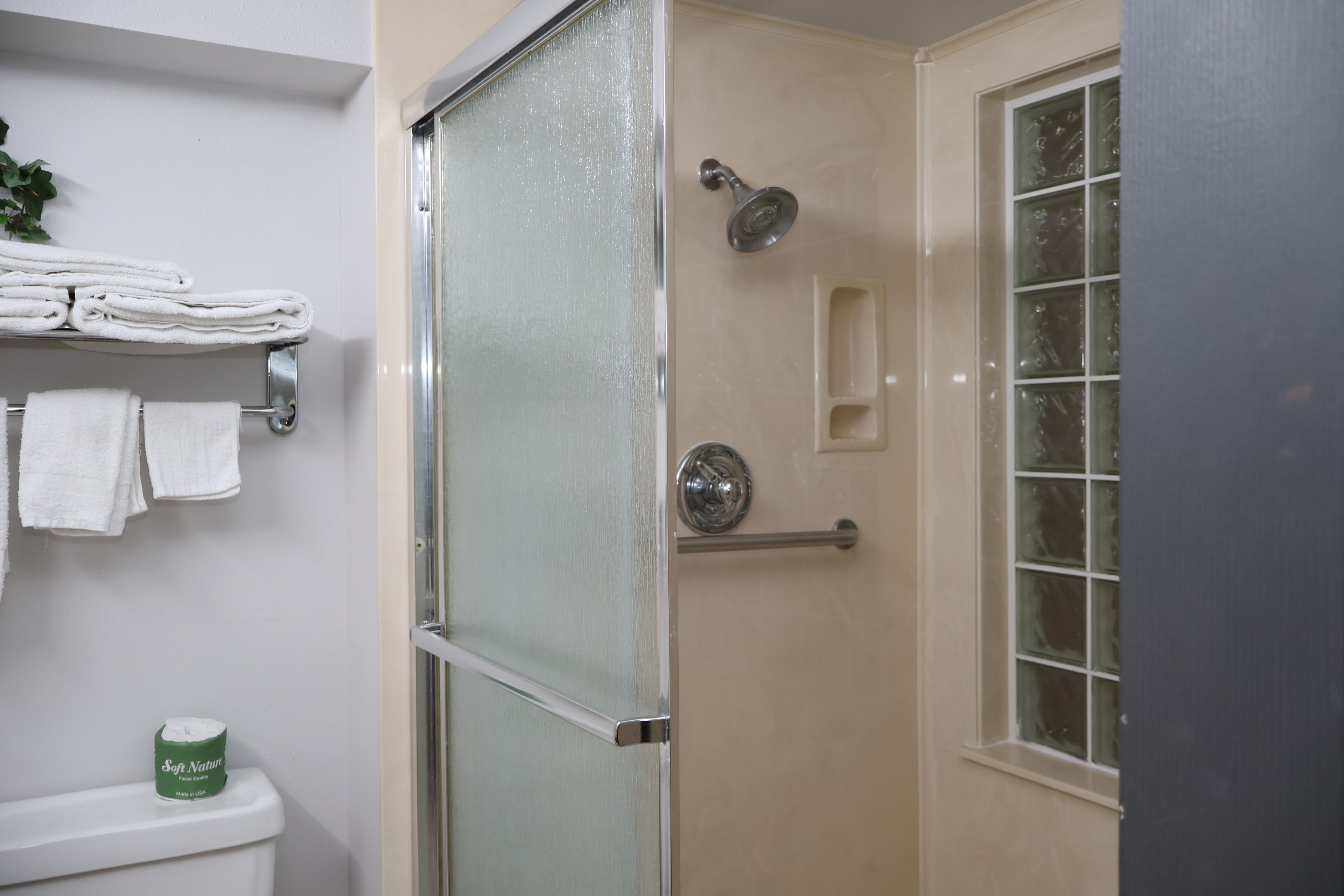 A bathroom with a glass shower enclosure, a toilet, and a window.