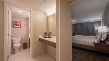 Combined shower/tub, free toiletries, hair dryer, towels