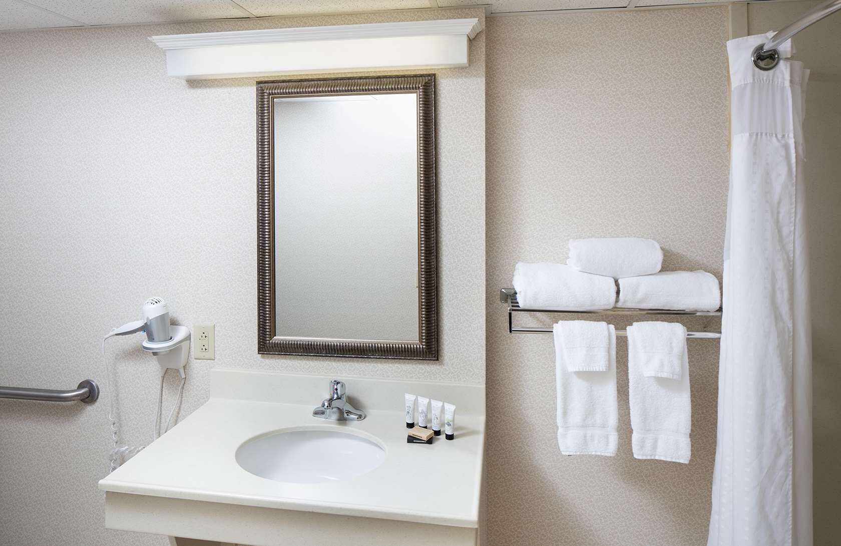 combined shower/bathtub, free toiletries, hair dryer, towels