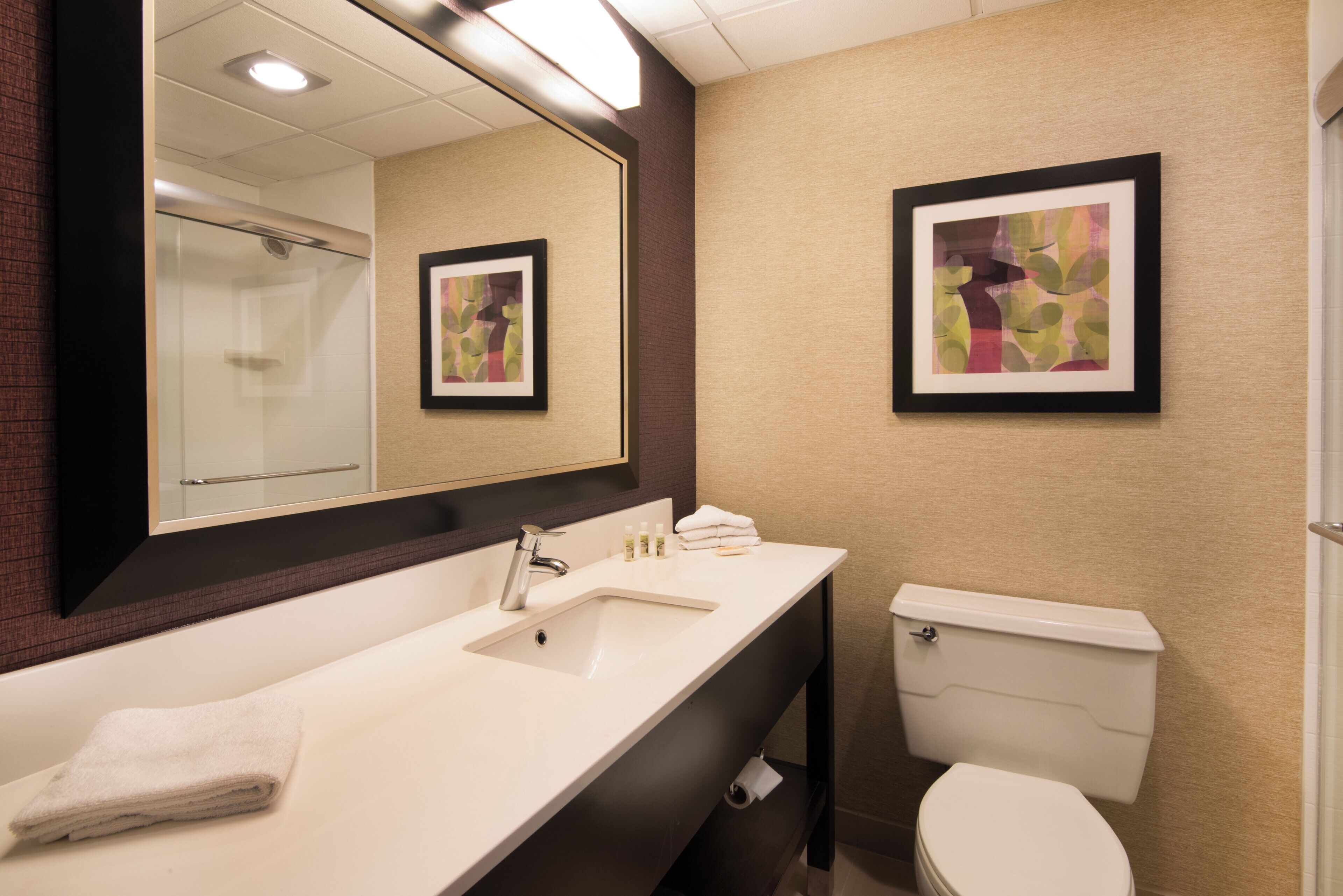 Une salle de bain équipée d’un lavabo, d’un miroir, de toilettes et d’une œuvre d’art encadrée au mur.