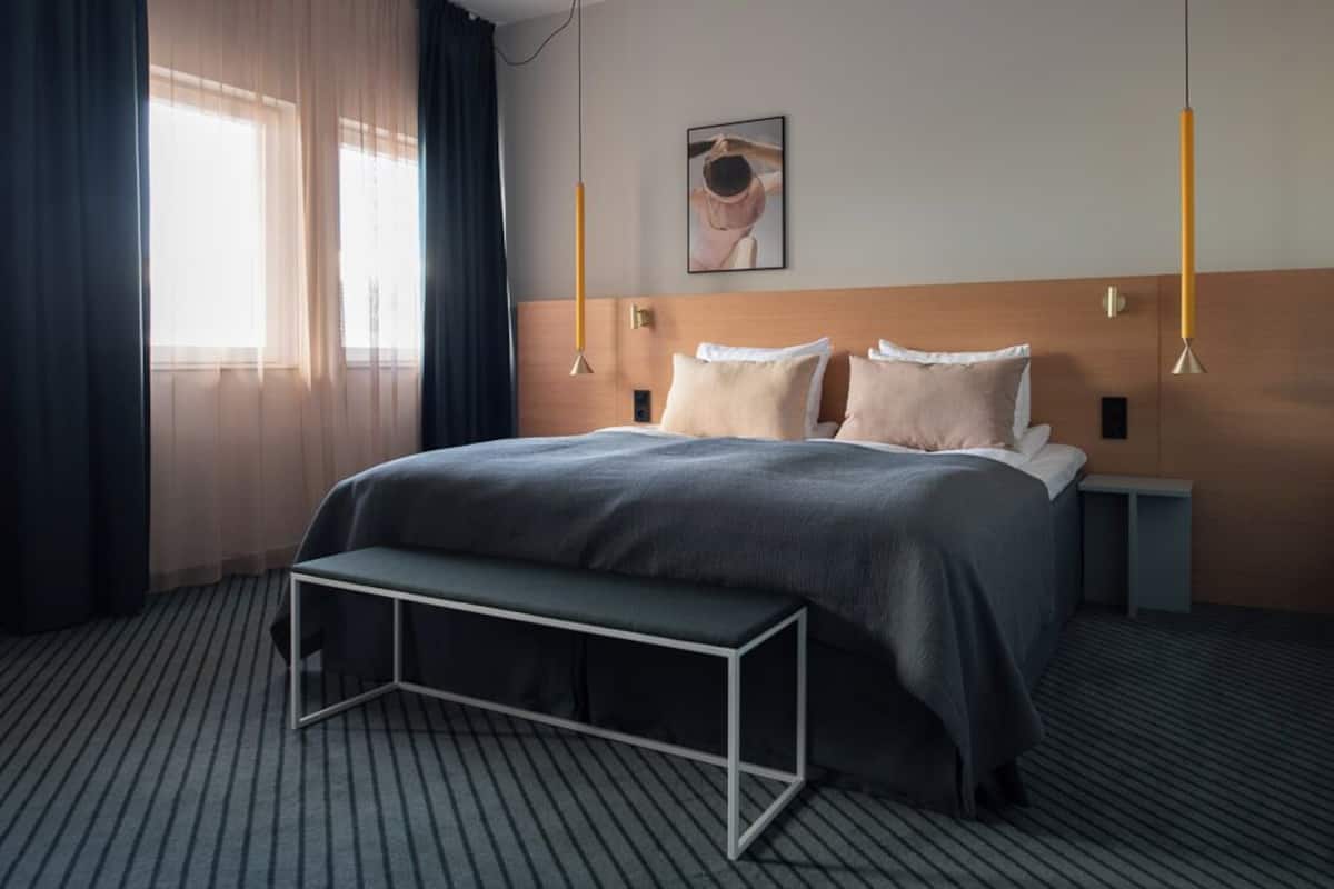 Hypo-allergenic bedding, desk, blackout drapes, iron/ironing board