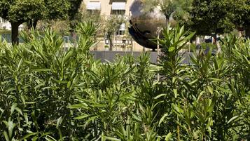 A building with the name "Vittoria" on the facade, surrounded by greenery and a spherical sculpture.