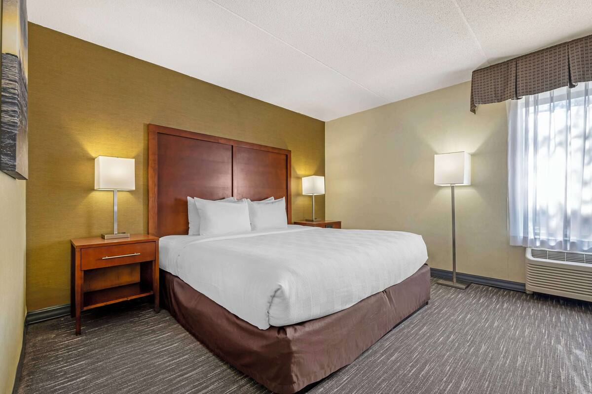 A hotel room with a large bed, two bedside tables with lamps, a wooden headboard, and a window with curtains.