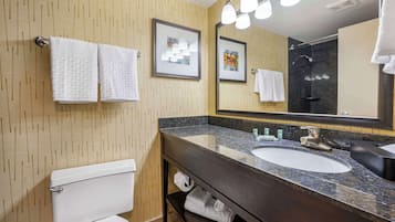 A bathroom with a toilet, a sink, a mirror, and towels.