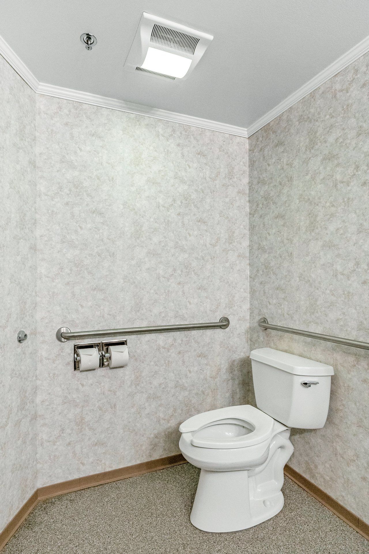 Un baño con inodoro, barras de apoyo y un dispensador de papel higiénico.