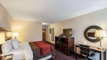 Desk, laptop workspace, blackout curtains, iron/ironing board