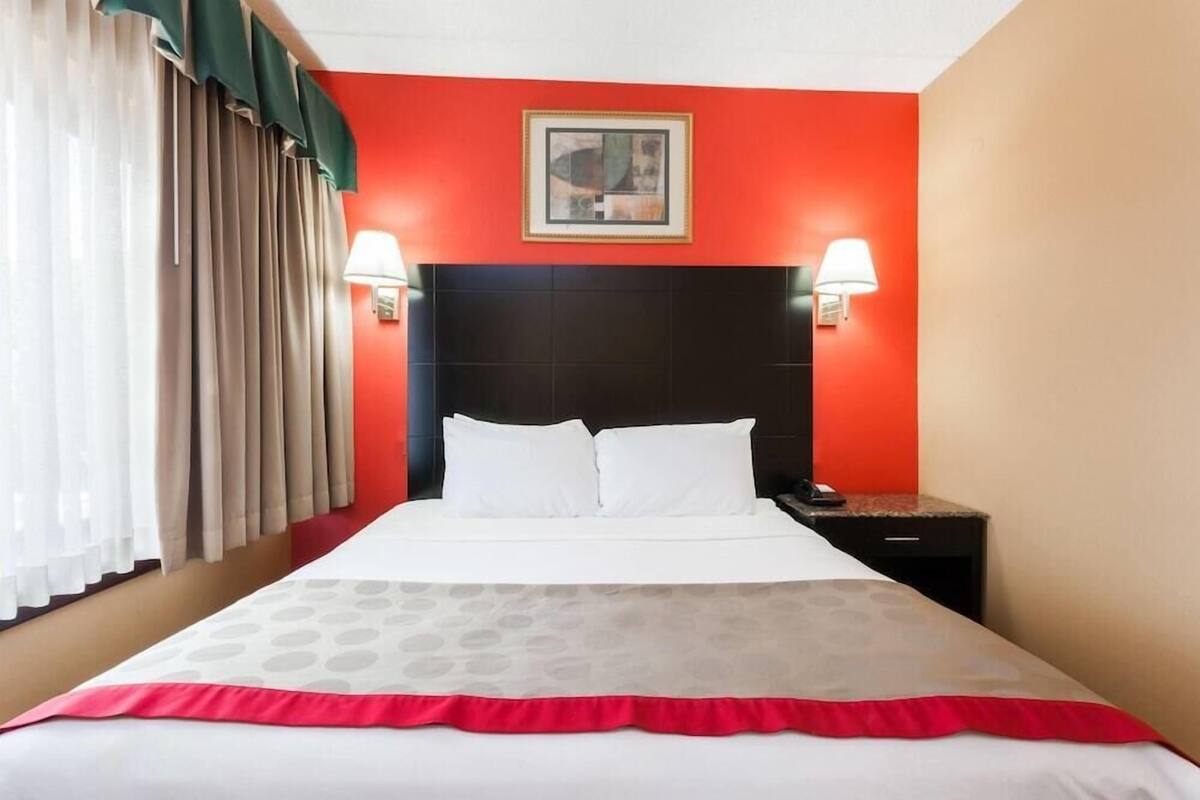 A hotel room with a bed, two bedside lamps, a nightstand, and a window with curtains.