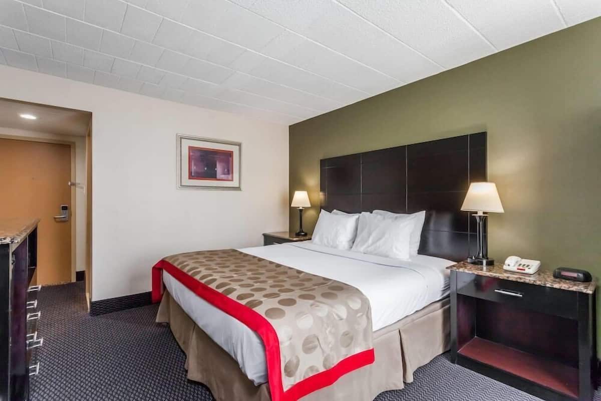 A hotel room with a bed, bedside tables, a headboard, a door, and a wall-mounted picture.