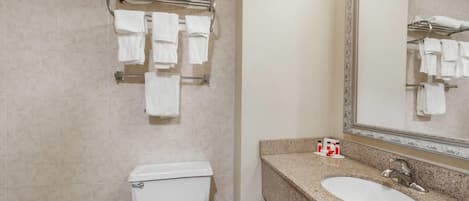 Une salle de bain équipée de toilettes, d’un lavabo, d’un porte-serviettes et d’un miroir.