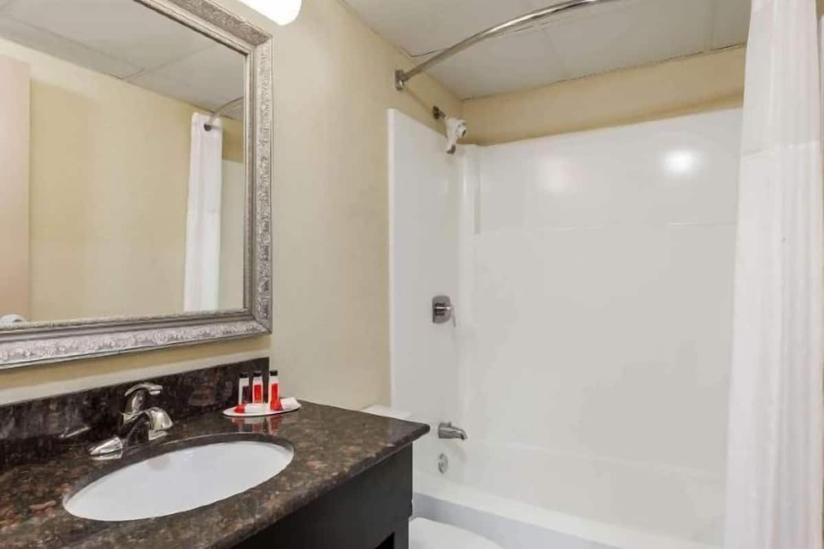 Combined shower/tub, deep soaking tub, free toiletries, hair dryer