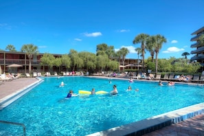2 outdoor pools, open 9:00 AM to 10:00 PM, pool umbrellas, pool loungers