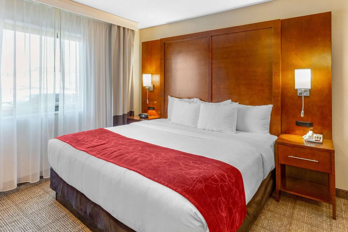 A hotel room with a large bed, a wooden headboard, two bedside tables with lamps, and a view of the outdoors through sheer curtains.
