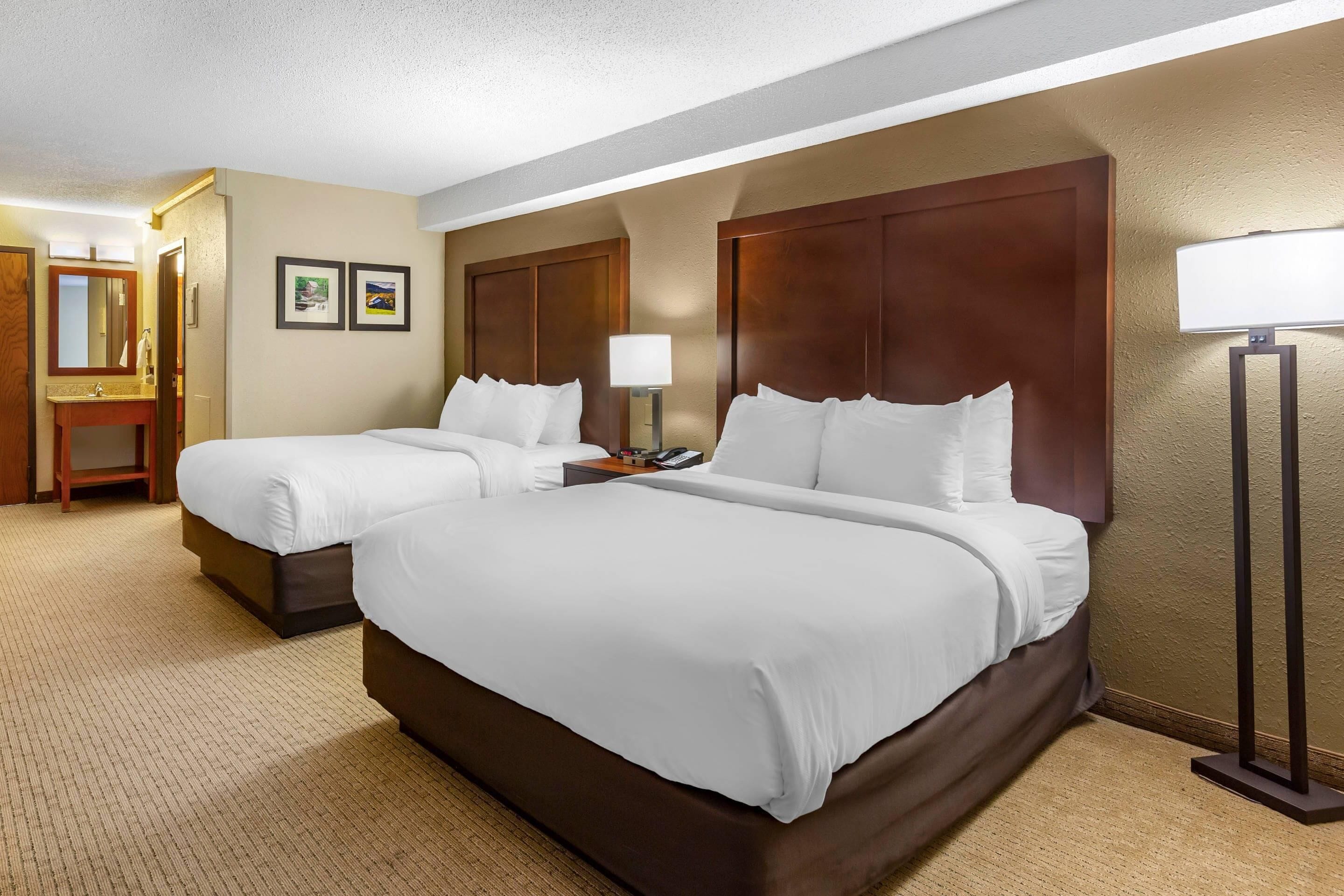 A hotel room with two beds, a nightstand, a lamp, and a mirror.