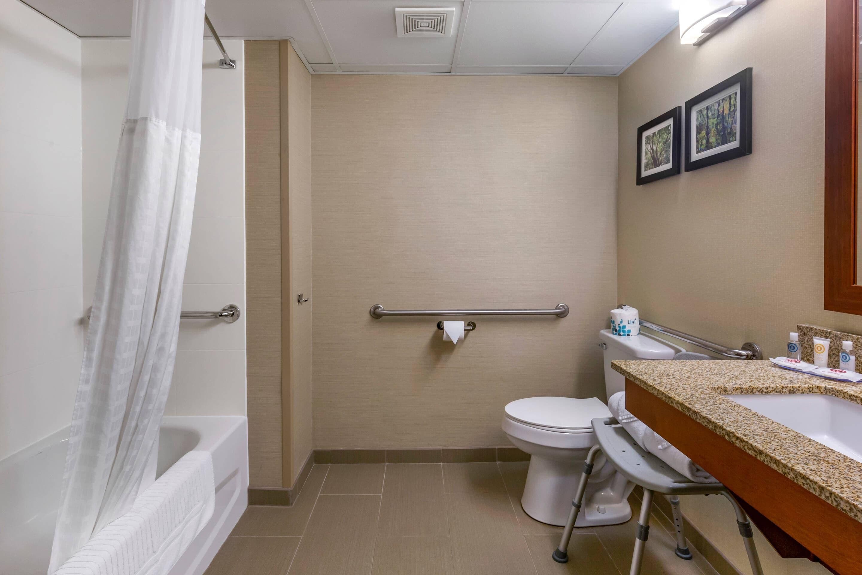Een badkamer met een douche, toilet en handgrepen.