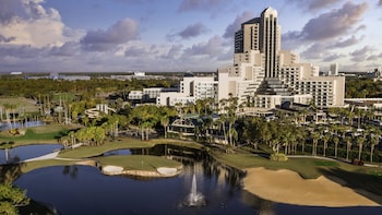 Hotel room view looking out at Orlando World Center Marriott
