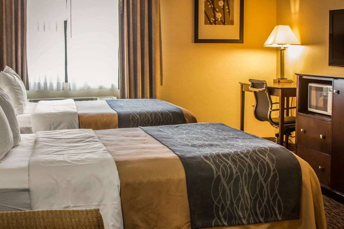 A hotel room with two beds, a desk with a chair, a lamp, a television, and a framed picture on the wall.