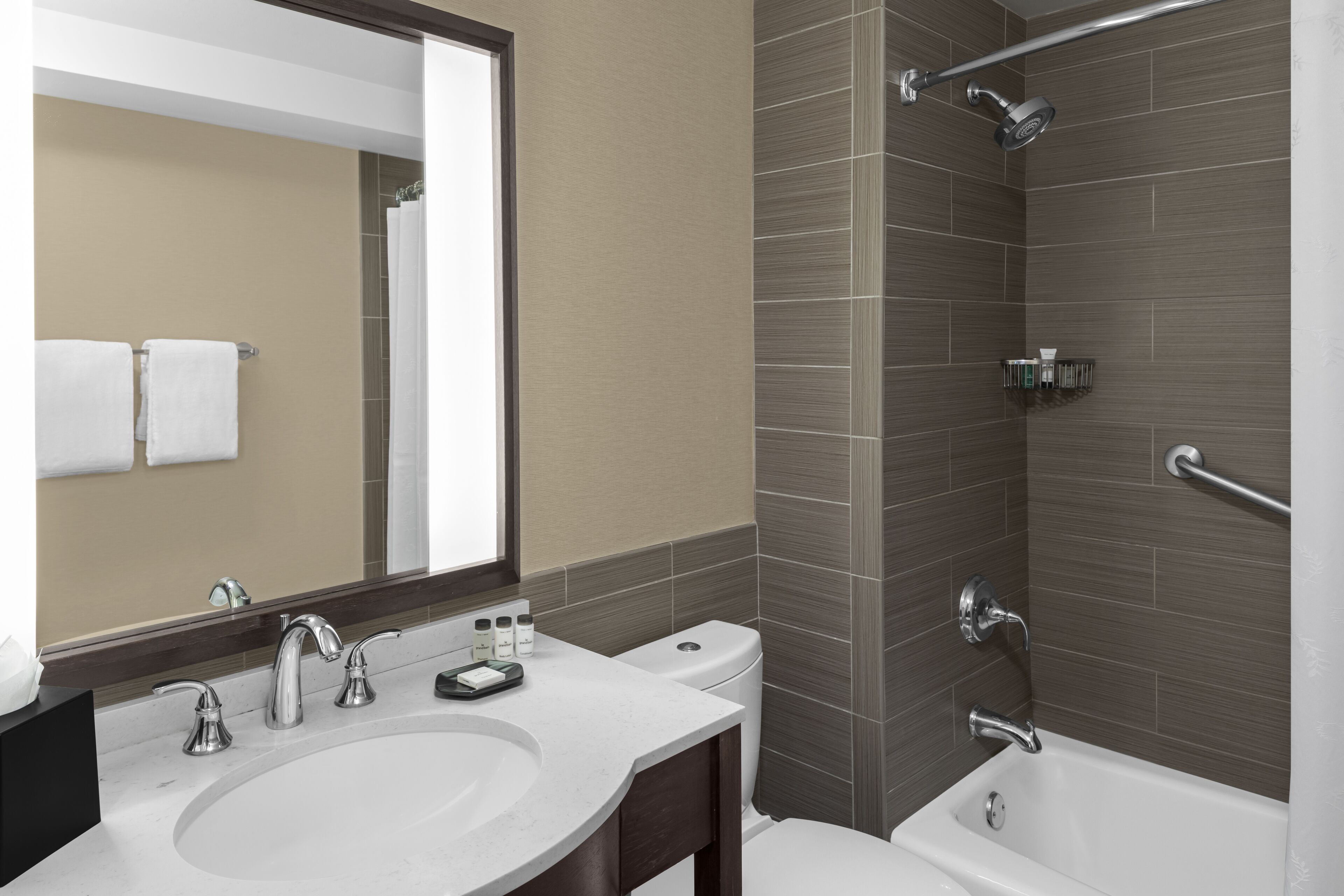 A modern bathroom with a large sink, a mirror, a toilet, and a shower area.