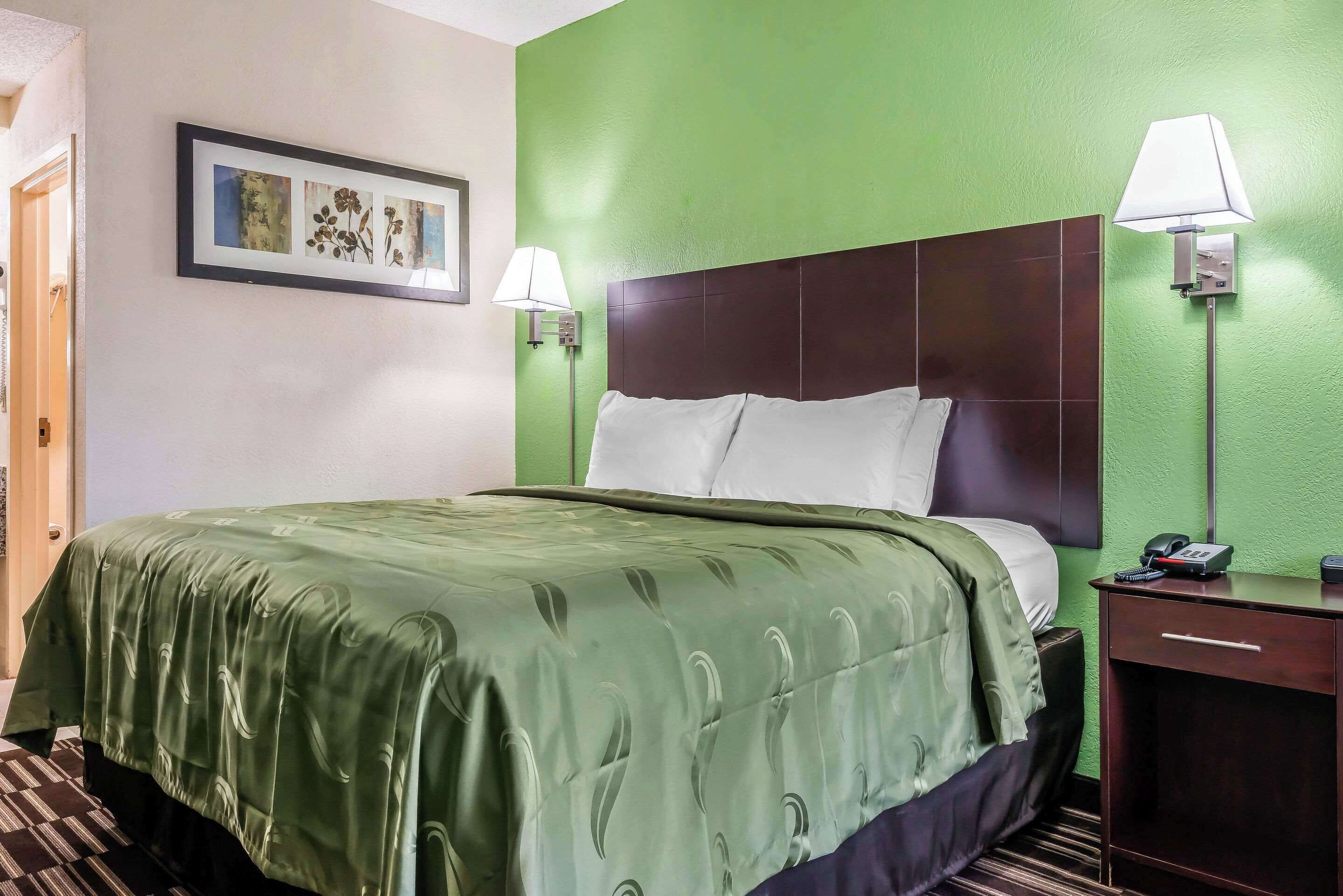 Une chambre d’hôtel avec un mur vert, un tableau encadré accroché au mur, deux lampes de chevet, un lit recouvert d’une couverture verte et une table de chevet avec un téléphone.