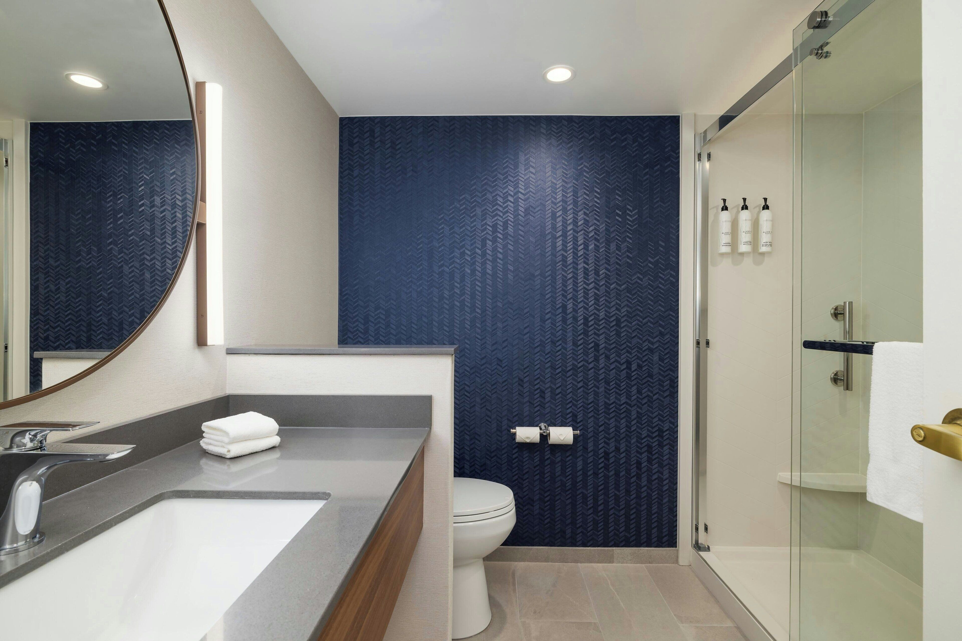 Combined shower/bathtub, free toiletries, hair dryer, towels