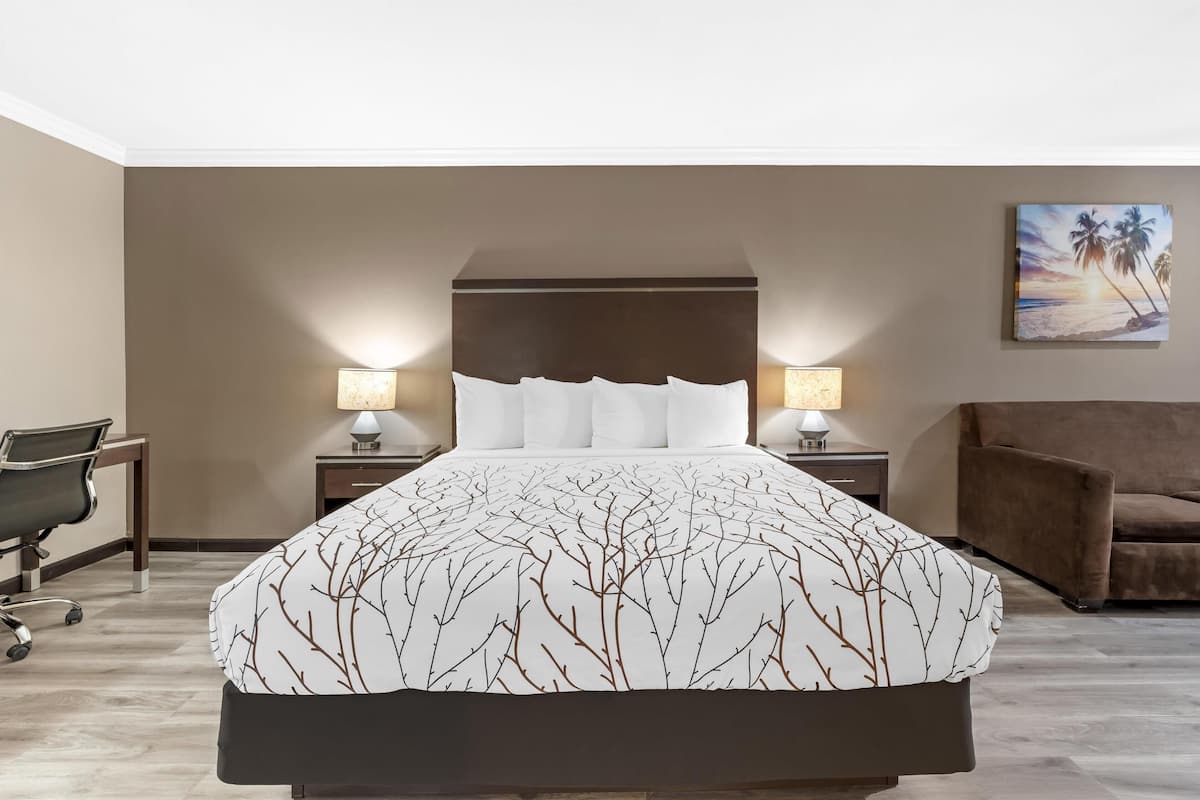Une chambre d’hôtel avec un grand lit, deux tables de chevet avec des lampes, un bureau et un canapé.
