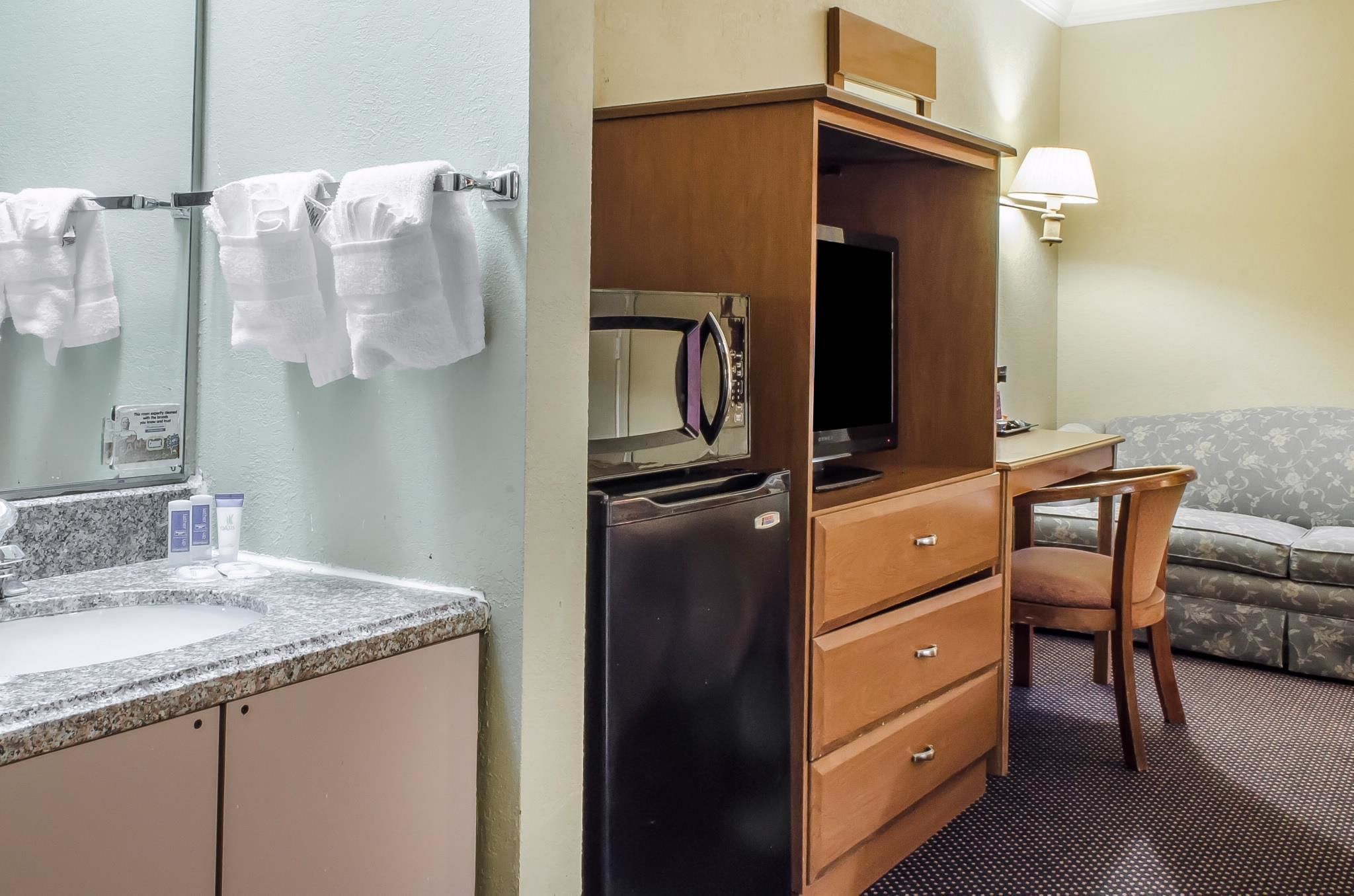 A hotel room with a kitchenette, a sink, a mirror, a refrigerator, a wooden cabinet, a chair, and a sofa.