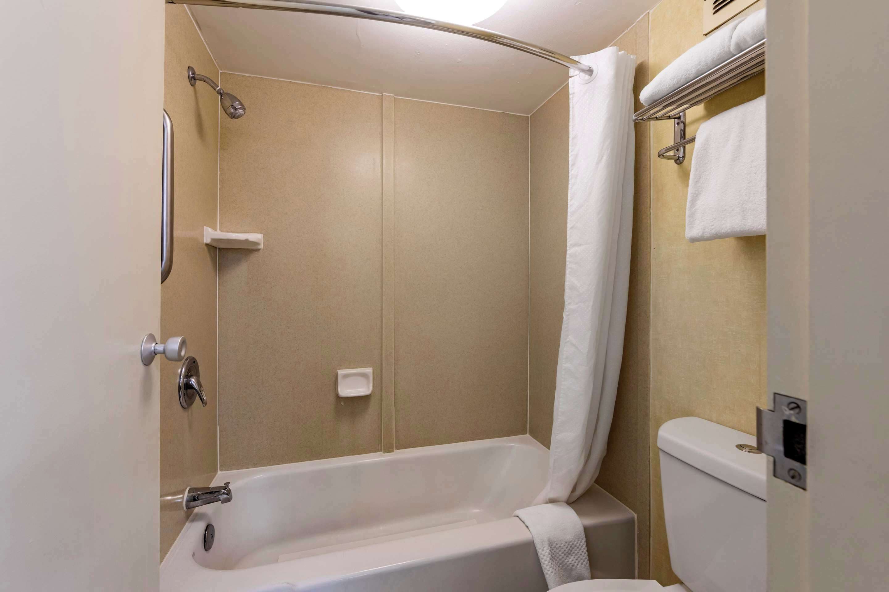 Une salle de bain équipée d’une baignoire, d’une douche et de toilettes.