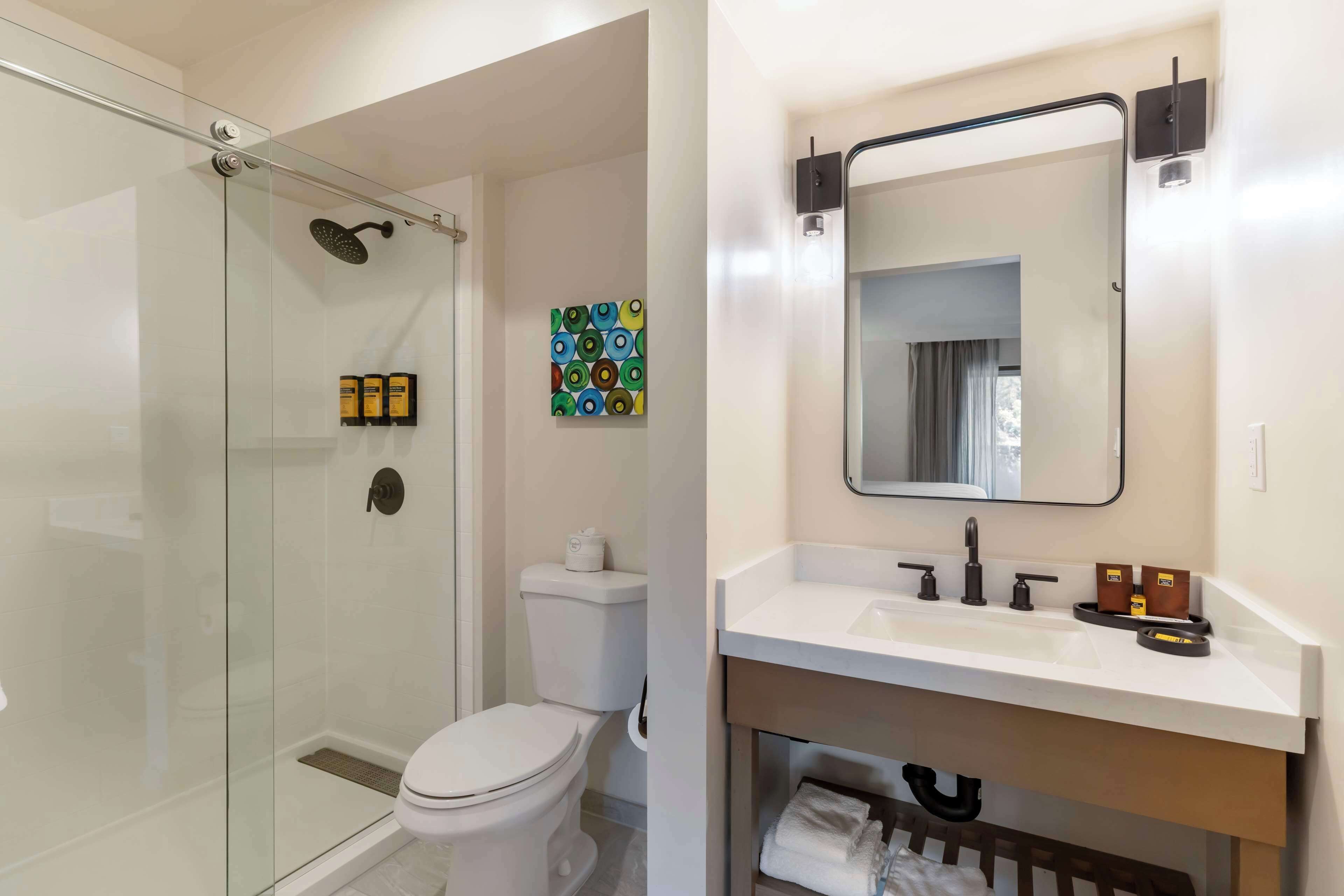 A modern bathroom with a glass-enclosed shower, a toilet, and a sink with a mirror.
