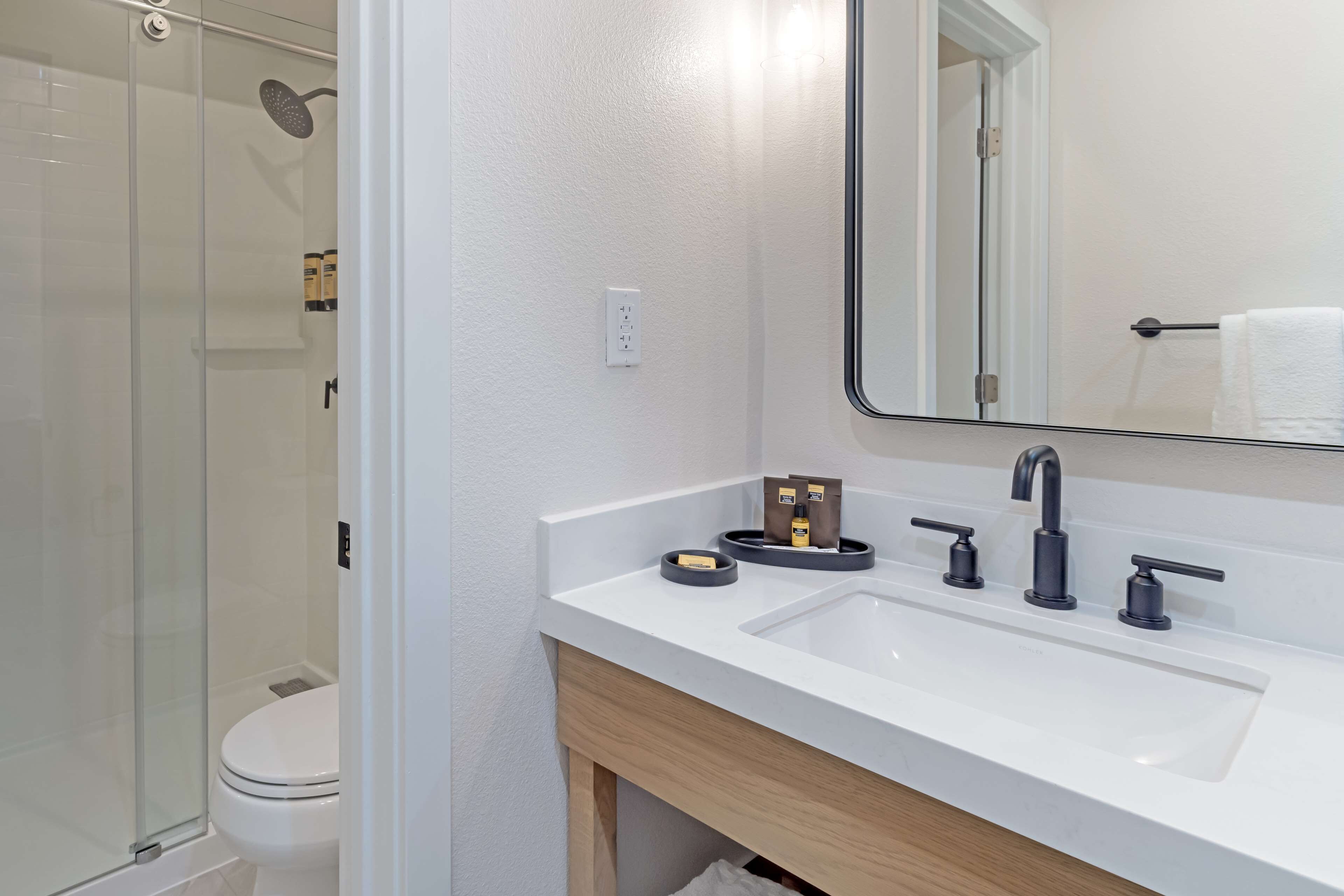 A modern bathroom with a glass shower enclosure, a white sink with two basins, and a mirror above the sink.
