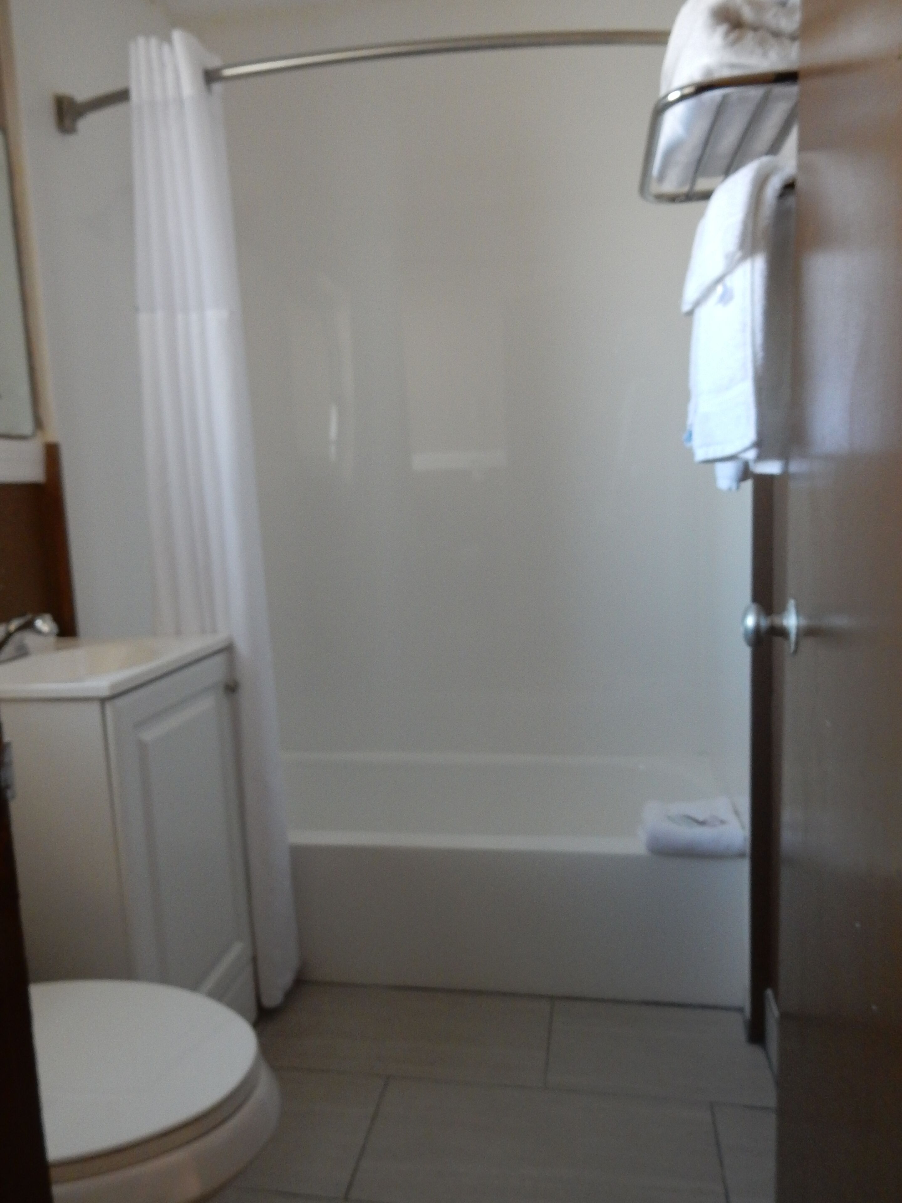 A bathroom with a toilet, a bathtub, and a shower area.