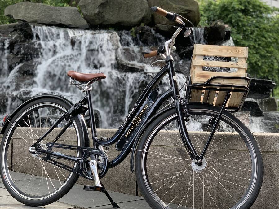 Una bicicleta con una cesta de madera en la parte delantera, estacionada frente a una cascada.
