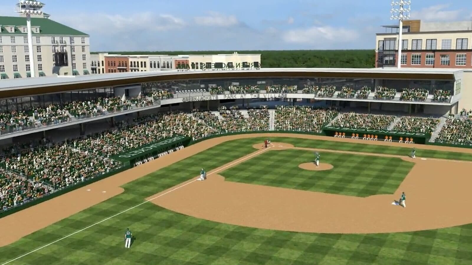 A stadium with multiple levels of seating, a baseball diamond, and a large crowd.
