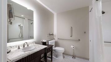 A modern bathroom with a sink, mirror, toilet, and shower.