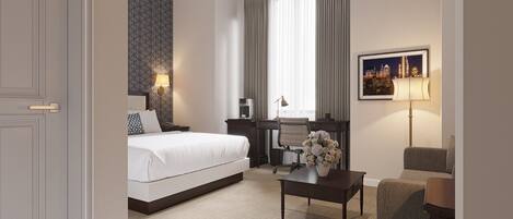 Una habitación de hotel con cama, escritorio, silla y lámpara.