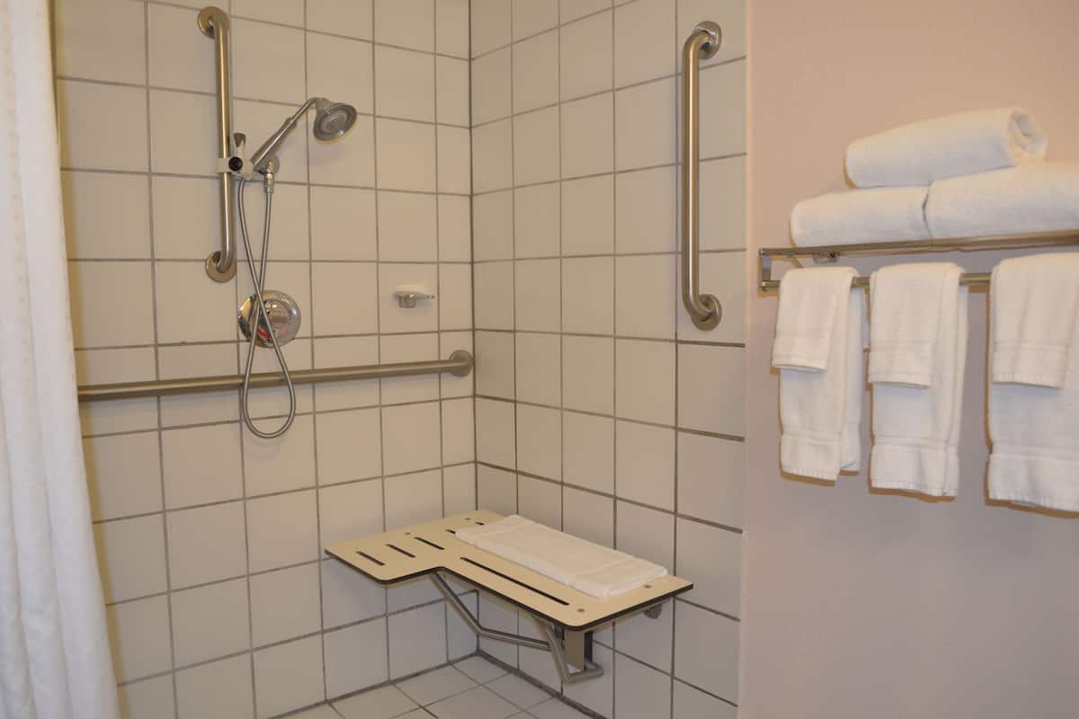 combined shower/bathtub, free toiletries, hair dryer, towels