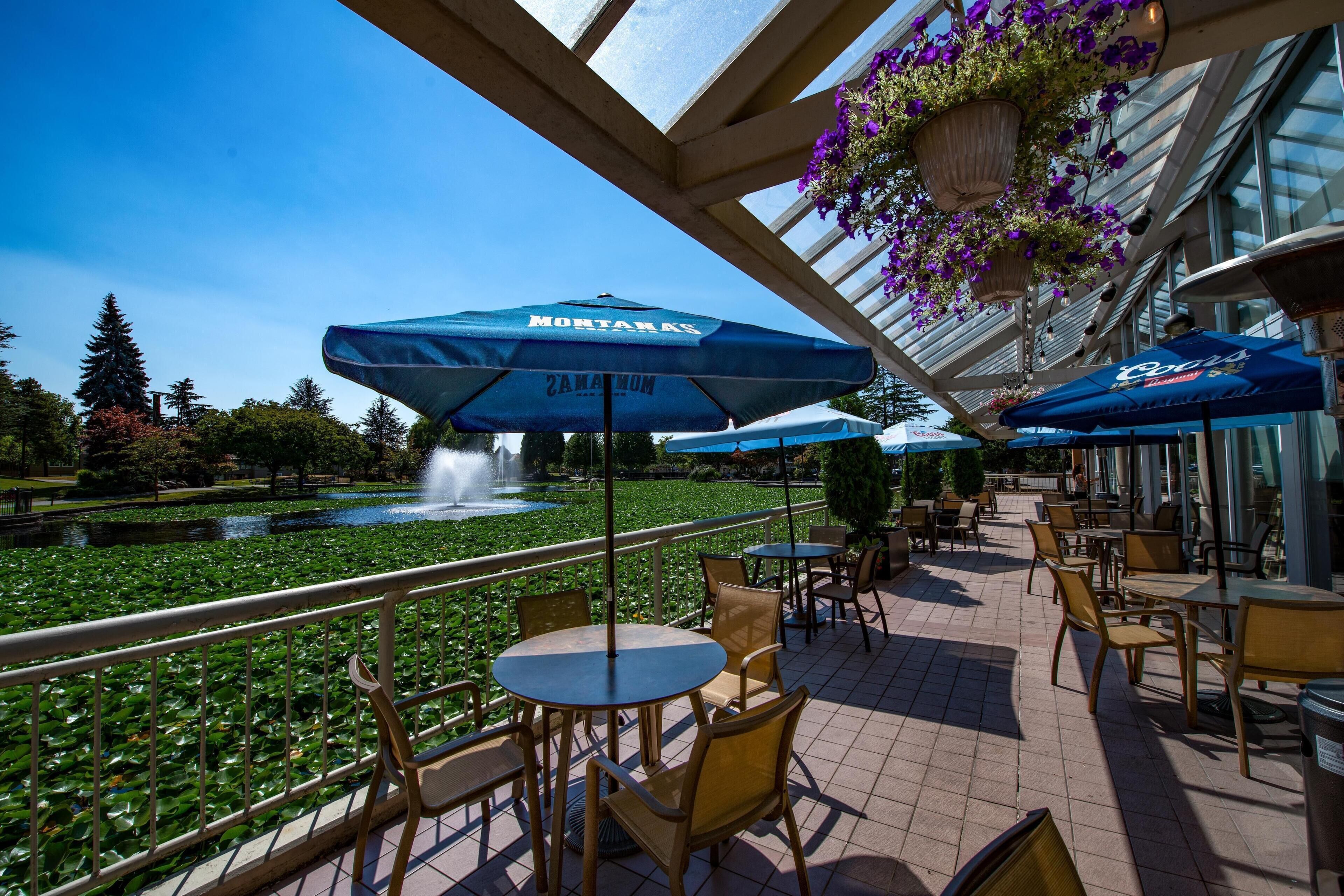 An outdoor patio area with tables and chairs, umbrellas, a fountain, and a view of a pond with water lilies.