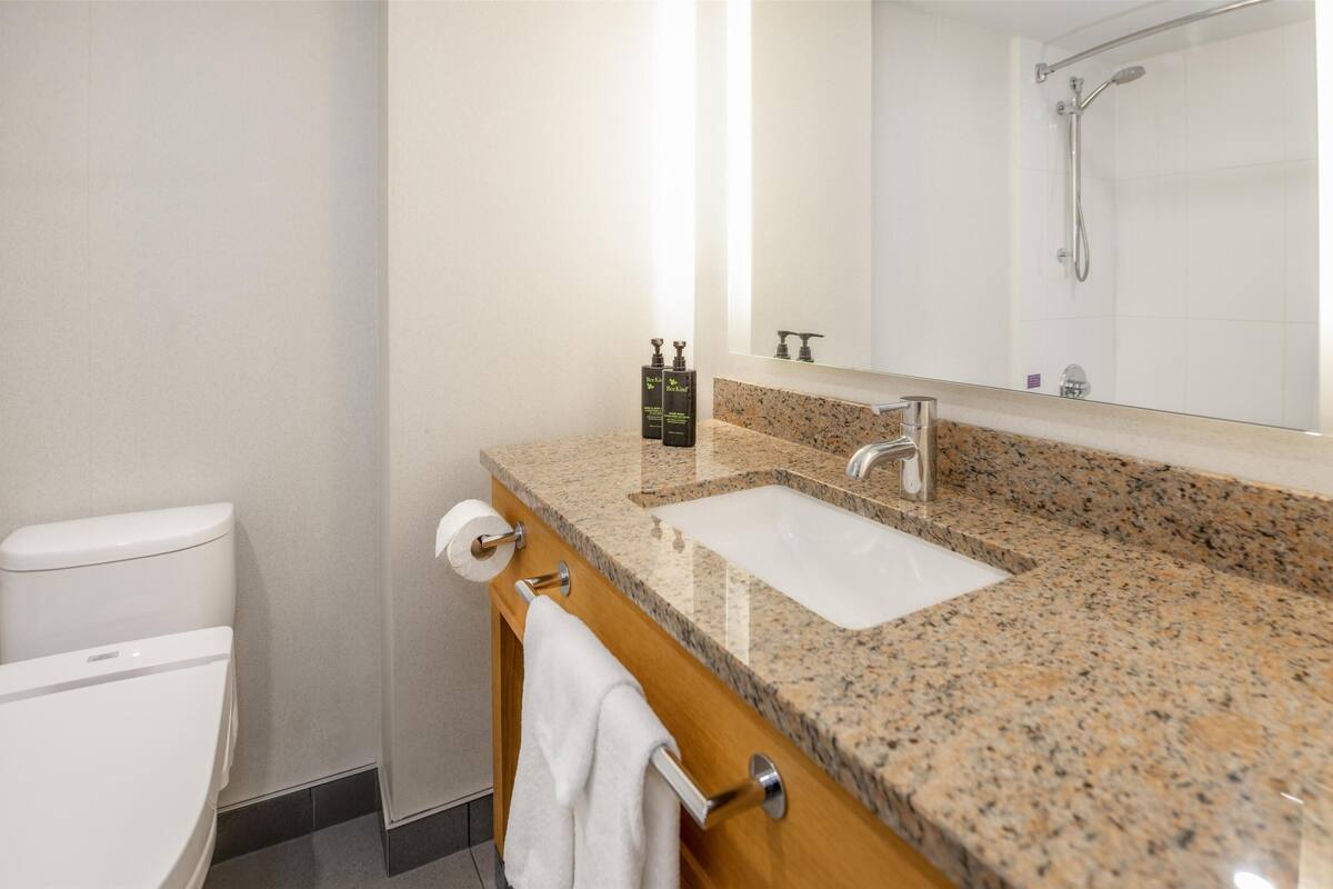 combined shower/bathtub, eco-friendly toiletries, hair dryer, slippers