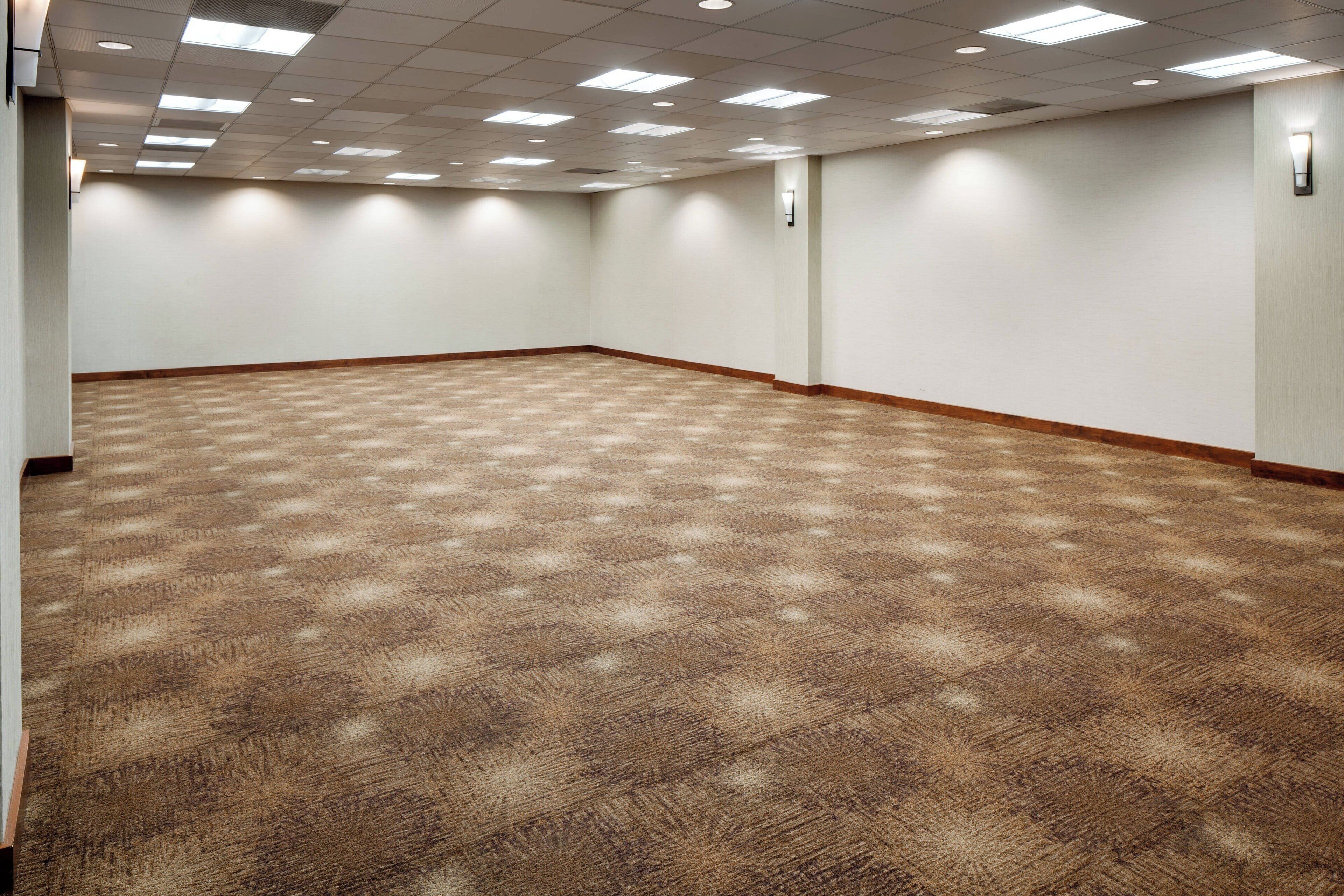 Une grande salle de conférence vide, dotée d’un tapis à motifs, de murs blancs et d’un plafond pourvu d’un éclairage encastré.