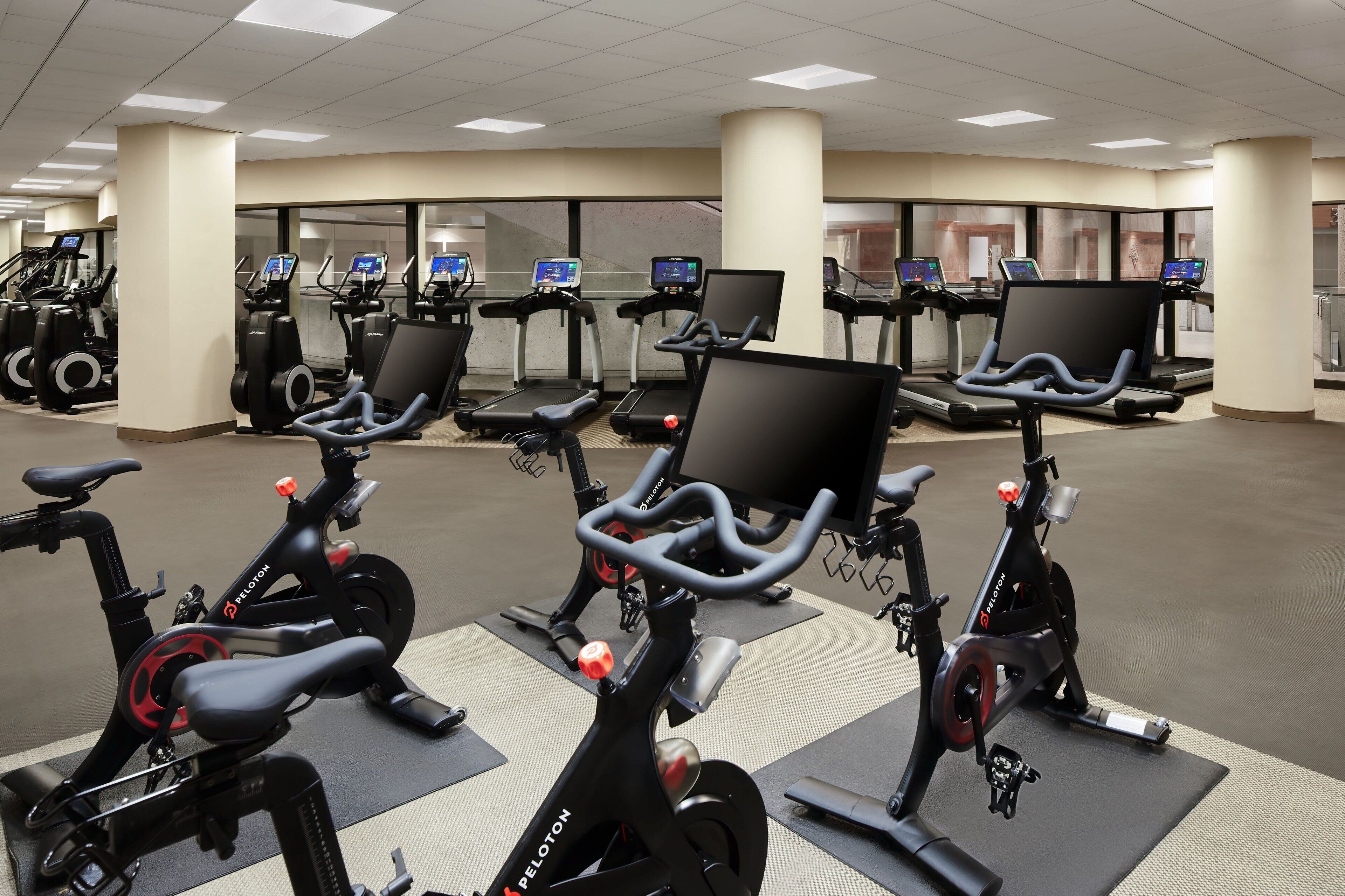A gym with stationary bikes, treadmills, and exercise equipment.