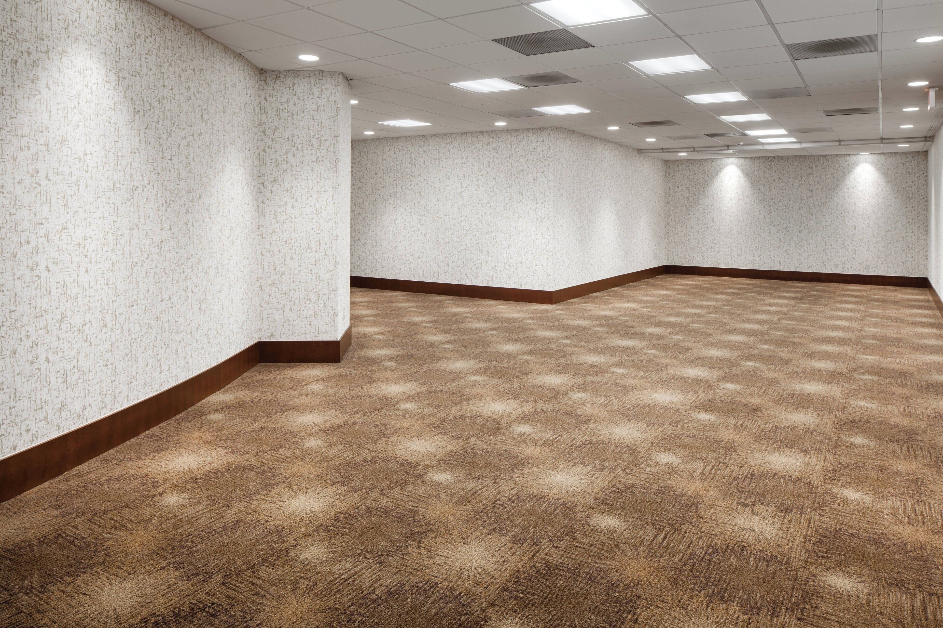 A large, empty conference room with patterned carpet and white walls.